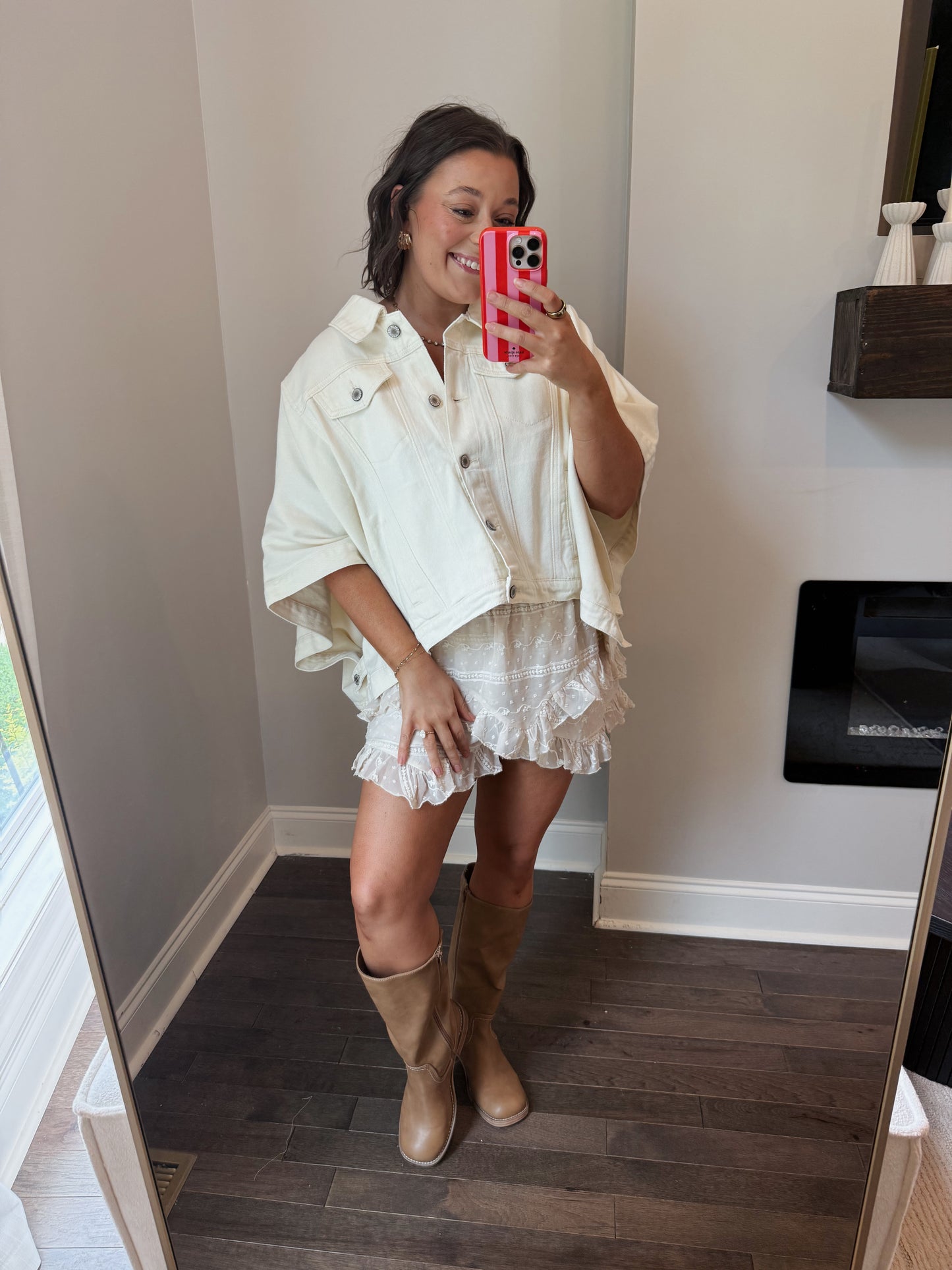 The Out West Denim Poncho-Cream