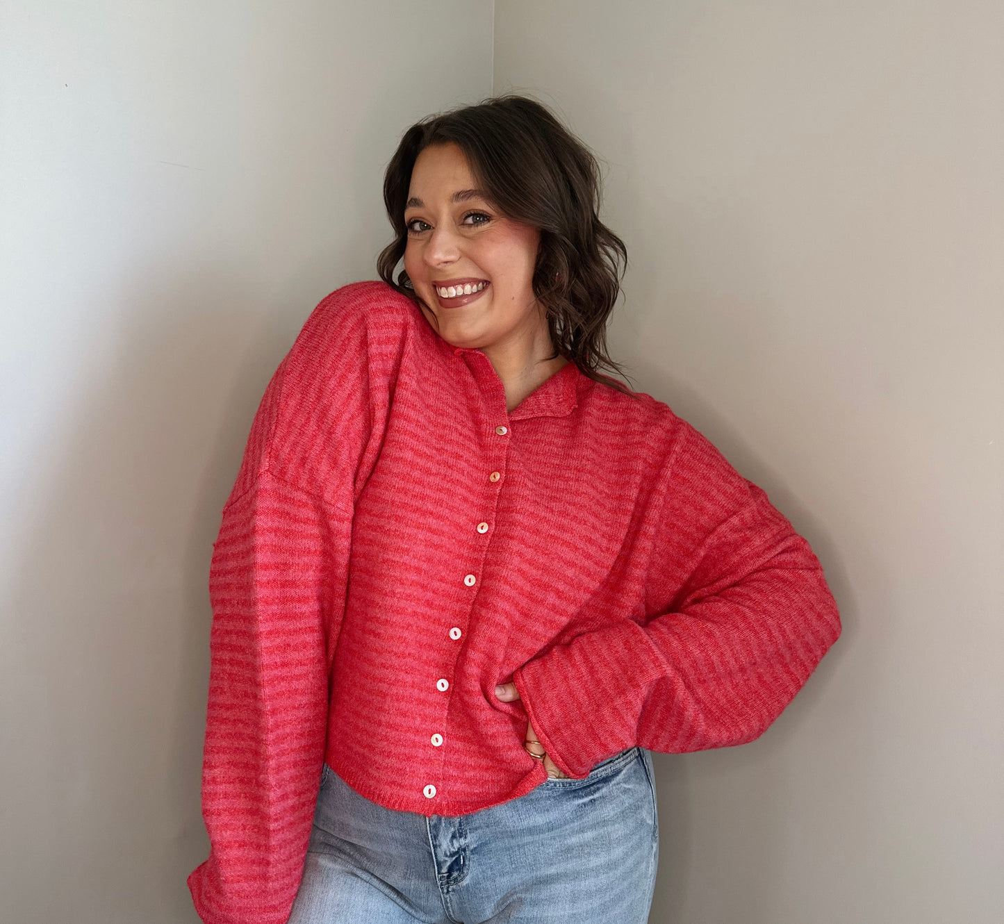 The Row Cardigan-Red & Pink Stripe