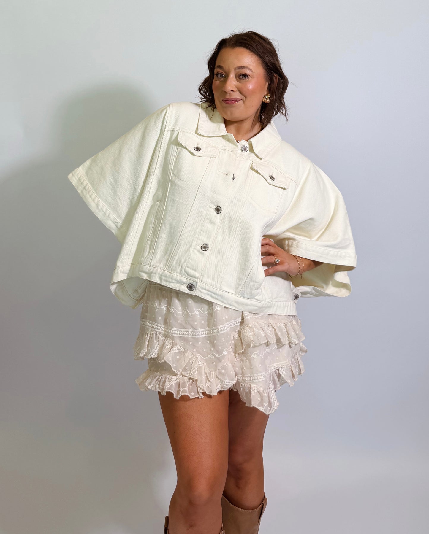 The Out West Denim Poncho-Cream