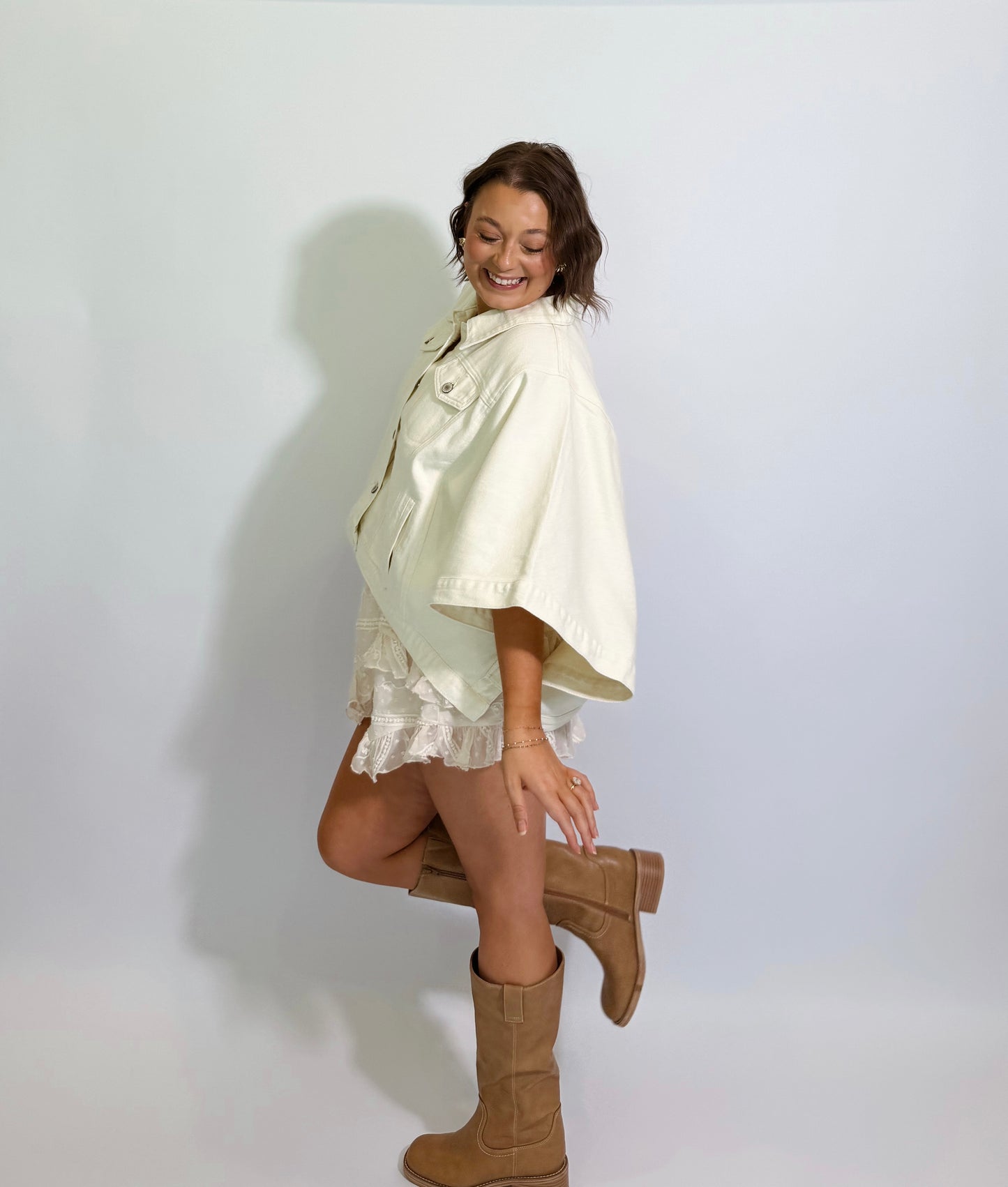 The Out West Denim Poncho-Cream