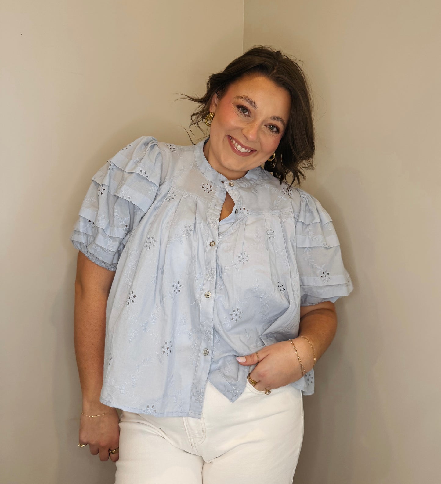 The Posie Eyelet Blouse-Sky Blue
