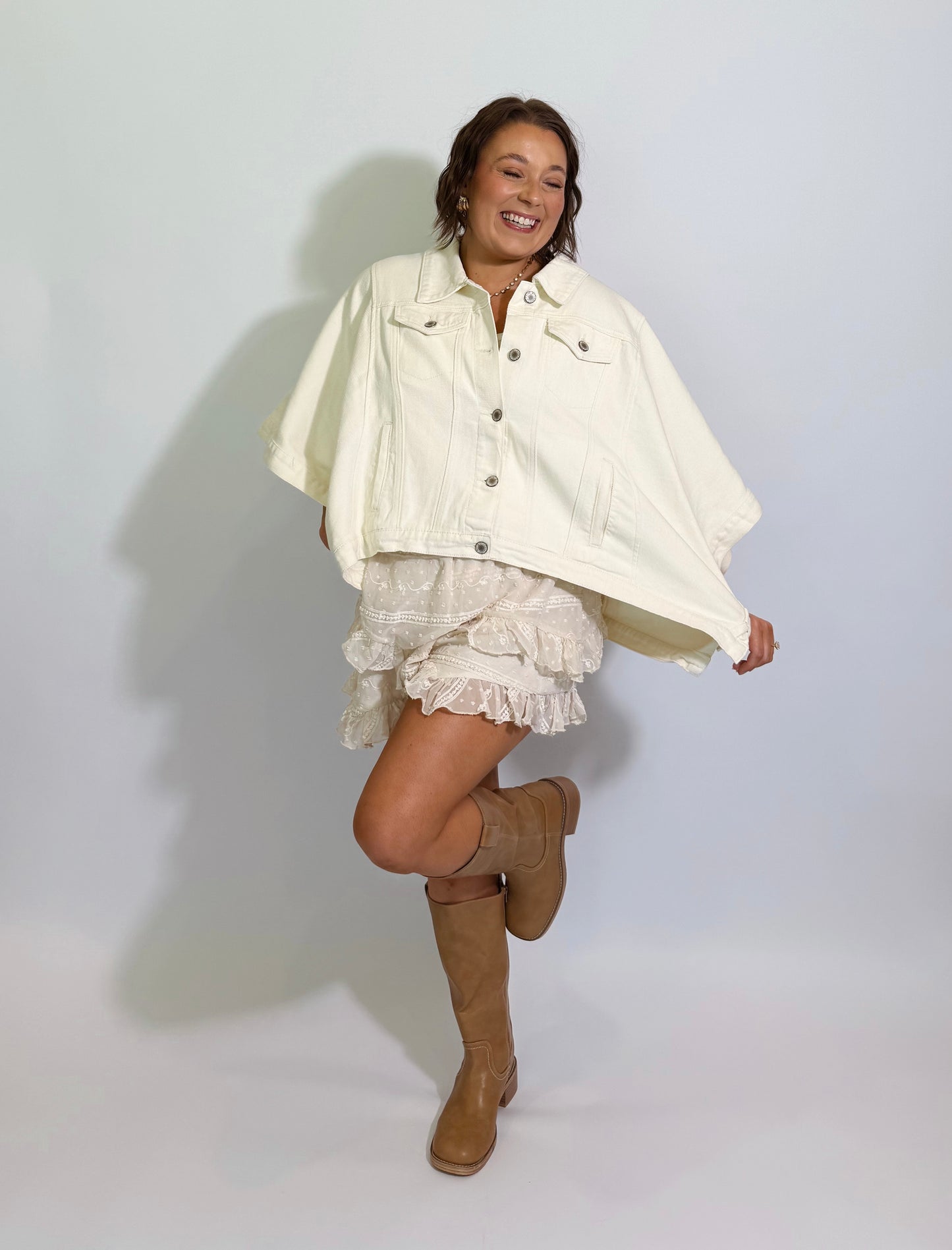 The Out West Denim Poncho-Cream